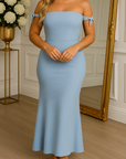 Off-Shoulder Satin Maxi Dress – Bow Strap Mermaid Gown Style 0