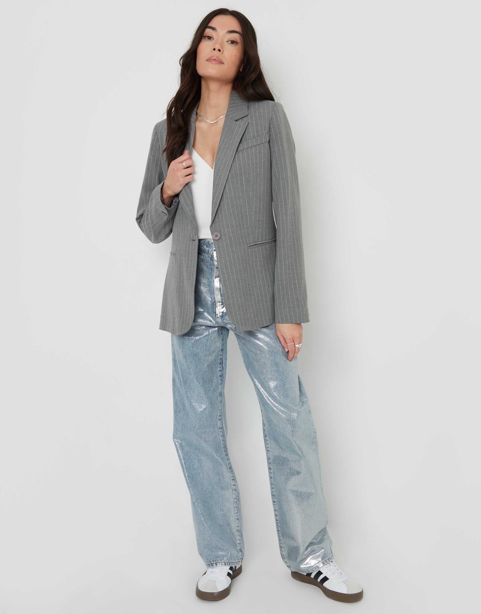 Women&#39;s Grey Pinstripe Lined Blazer