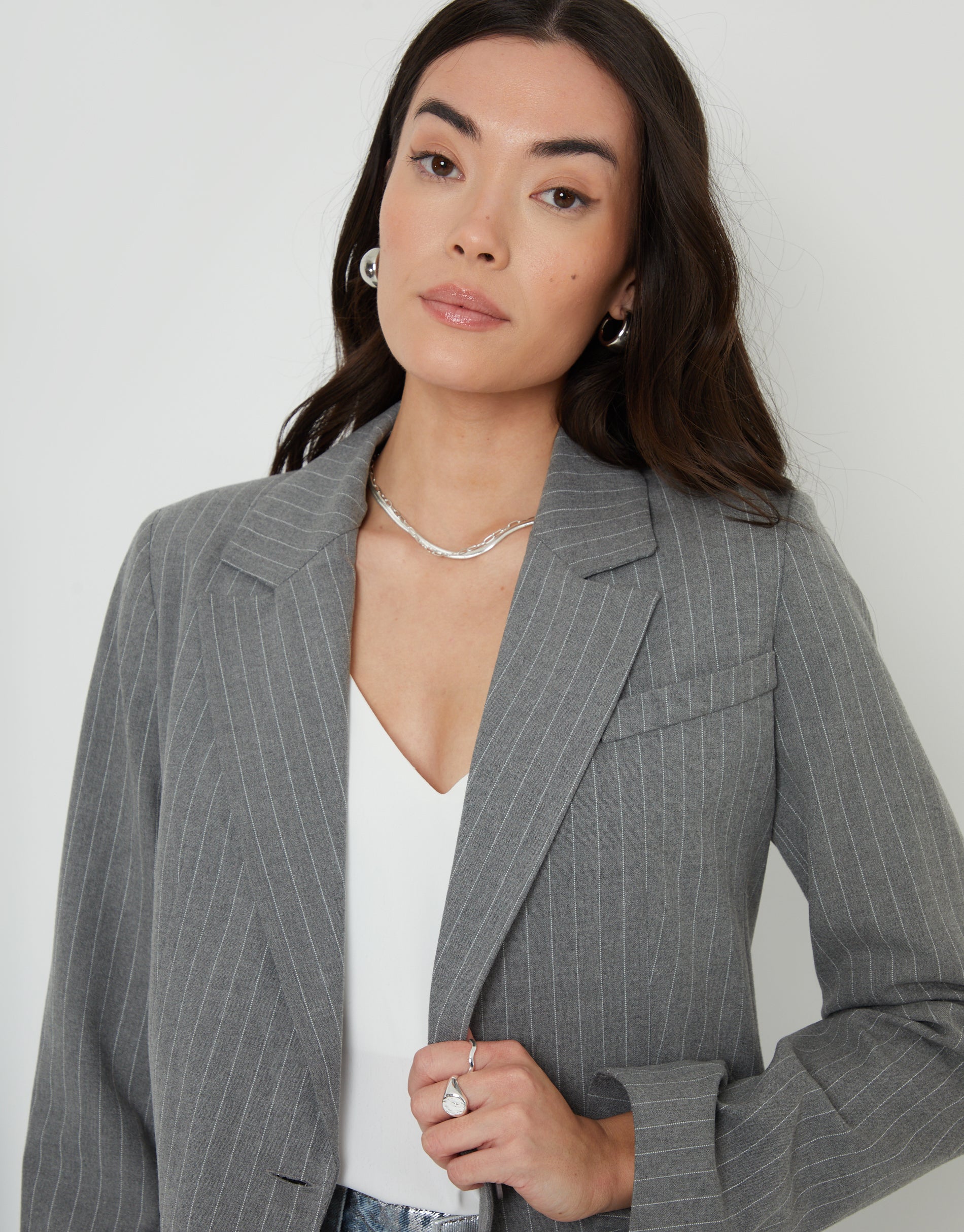 Women&#39;s Grey Pinstripe Lined Blazer
