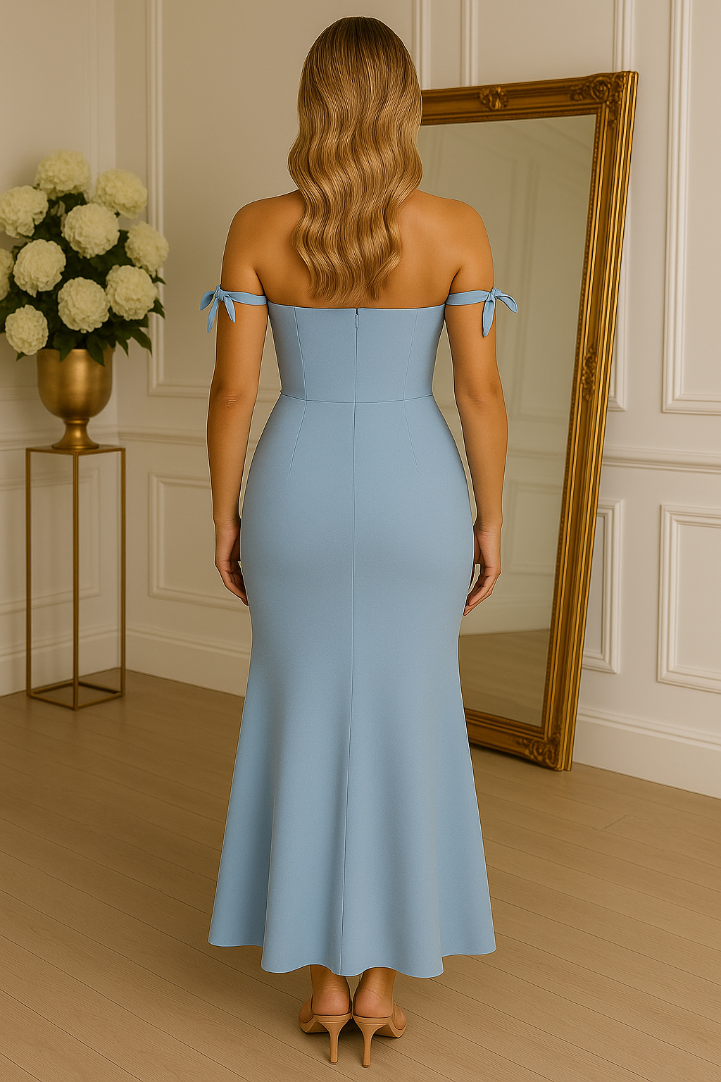 Off-Shoulder Satin Maxi Dress – Bow Strap Mermaid Gown Style 2