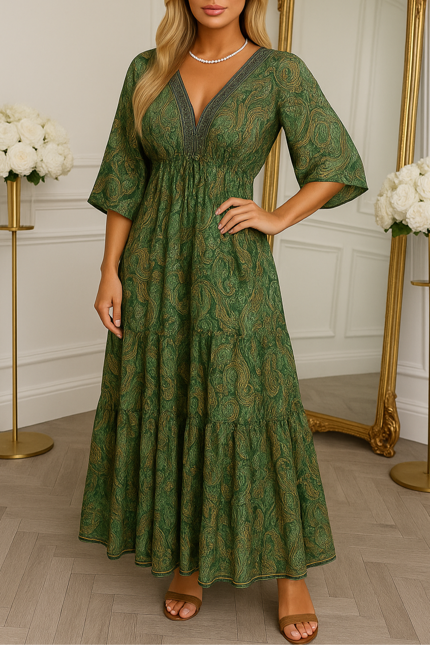 Printed Maxi Kaftan Dress – Boho V-Neck Vacation Style 1