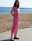 Women's Red Leaf Print Jersey Maxi Dress with Pockets