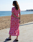 Women's Red Leaf Print Jersey Maxi Dress with Pockets