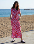 Women's Red Leaf Print Jersey Maxi Dress with Pockets