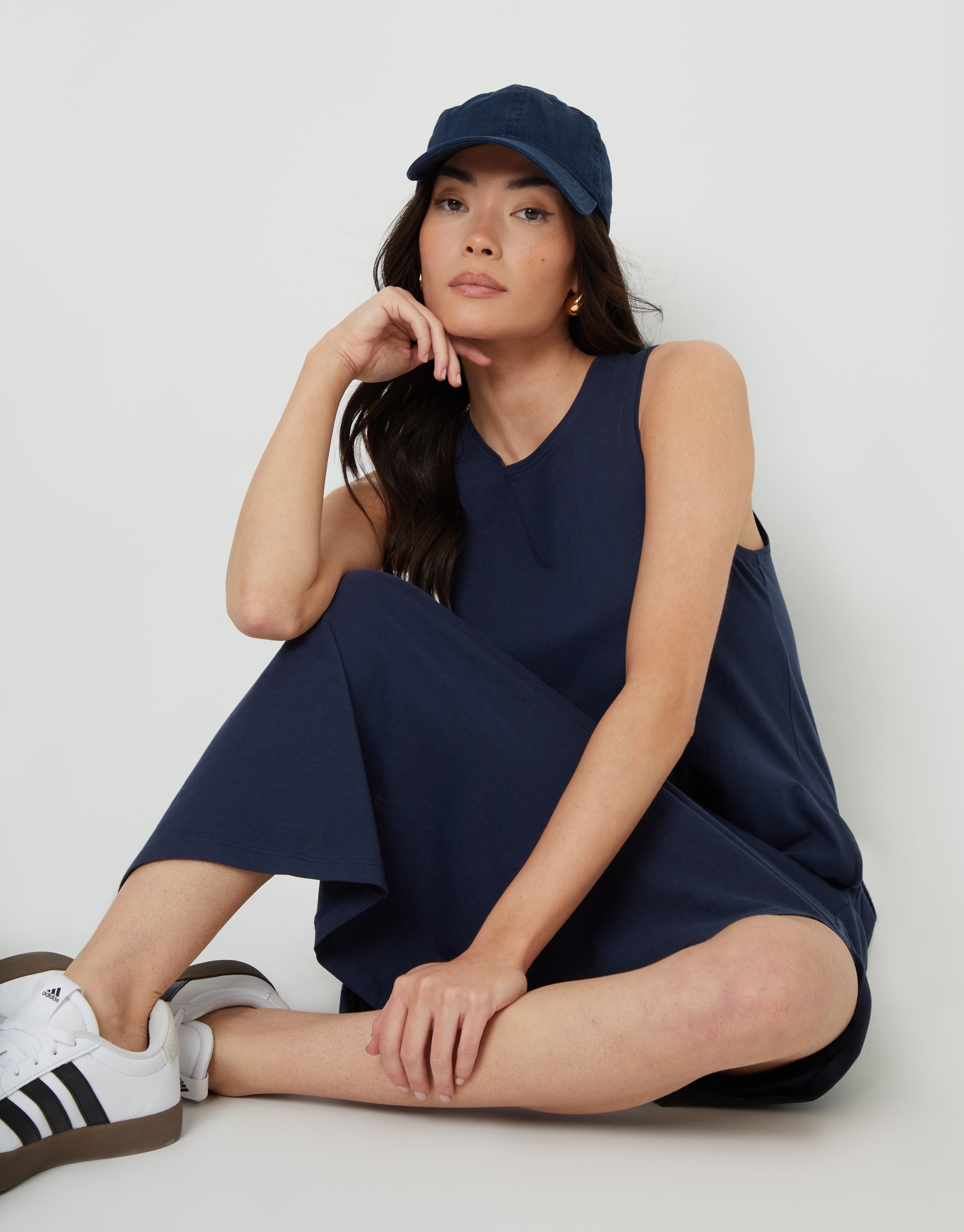Women&#39;s Navy Sleeveless Jersey Midi Dress with Pockets