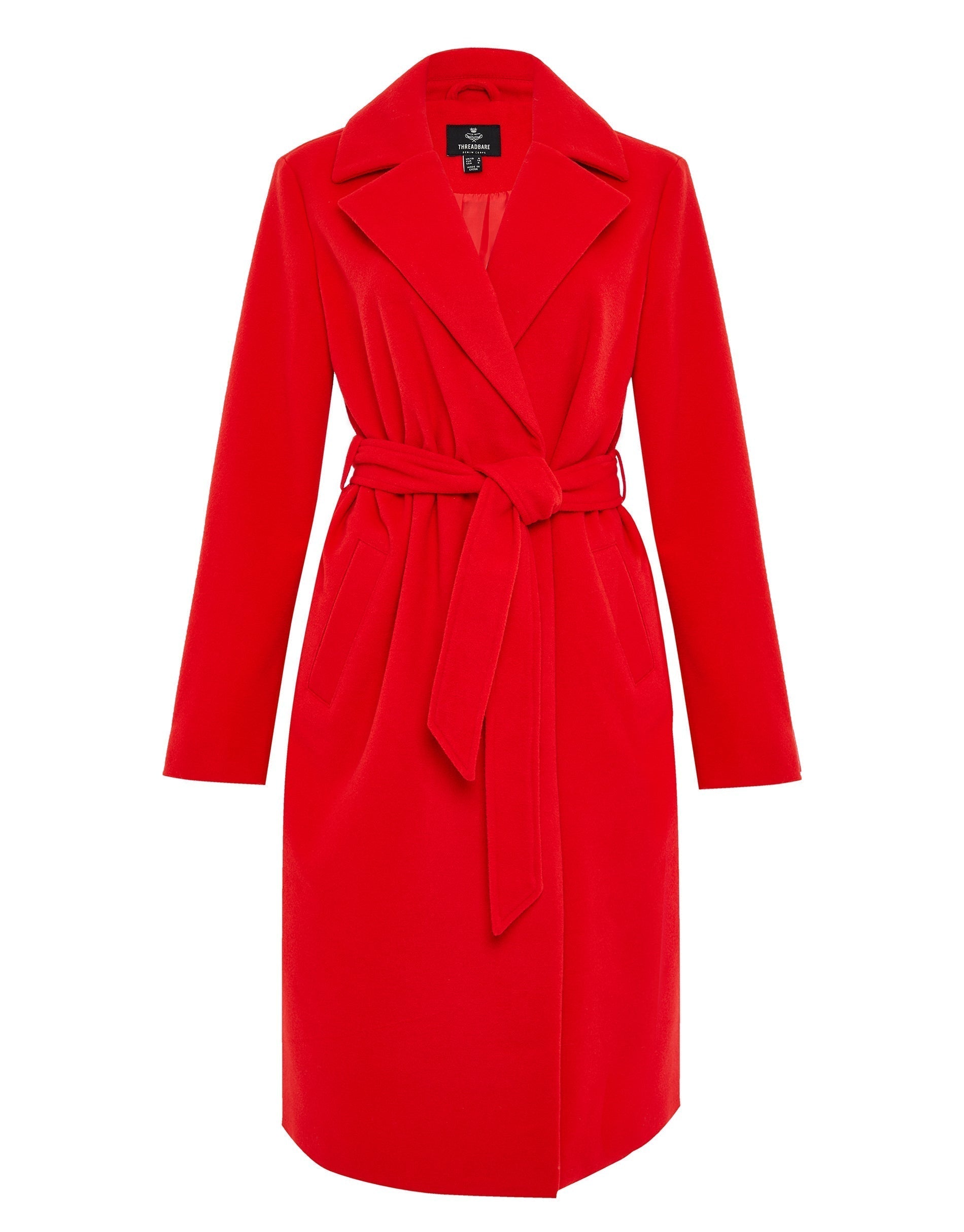 Women&#39;s Red Collared Belted Formal Coat