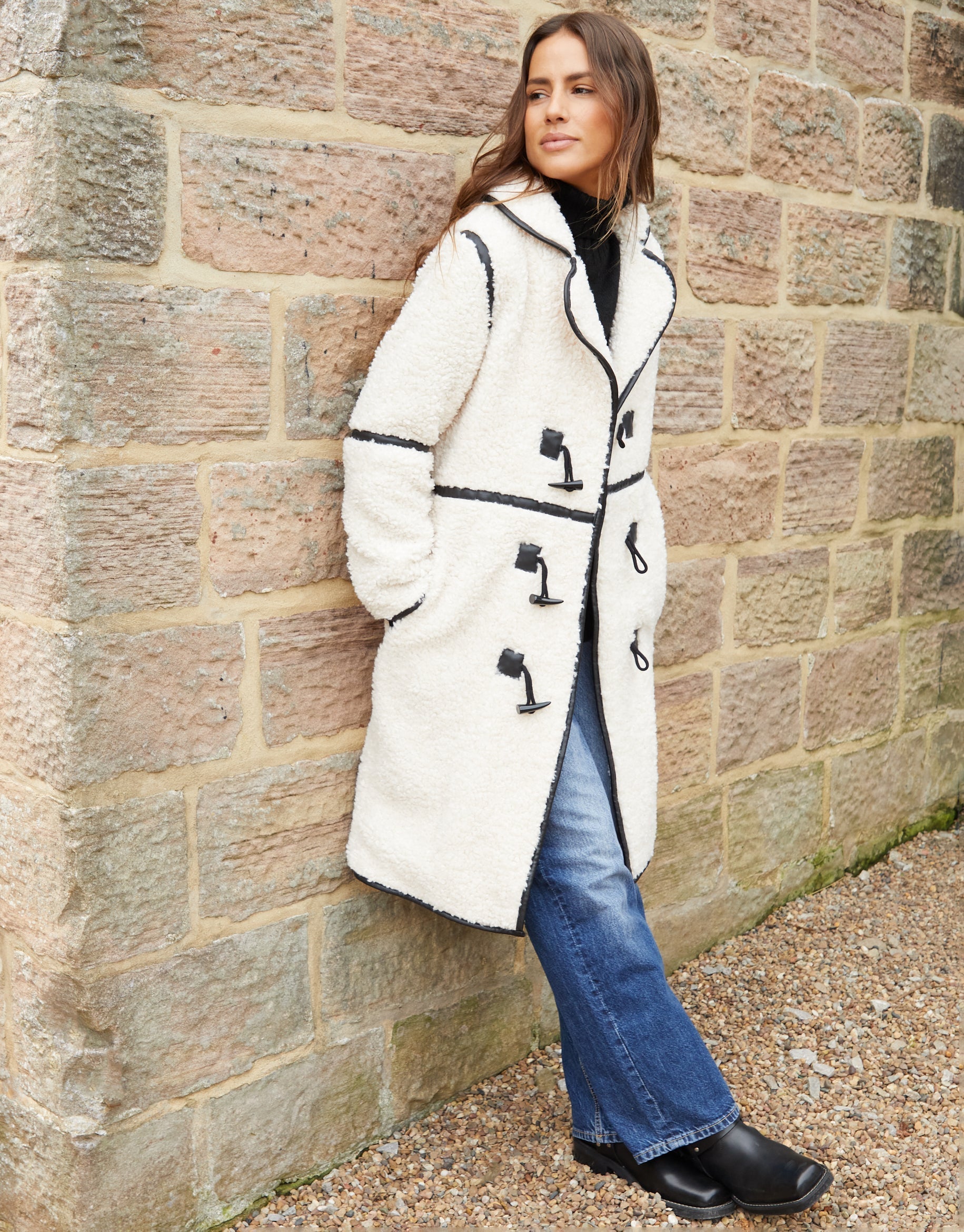 Women&#39;s Ecru Longline Fleece Borg Toggle Coat