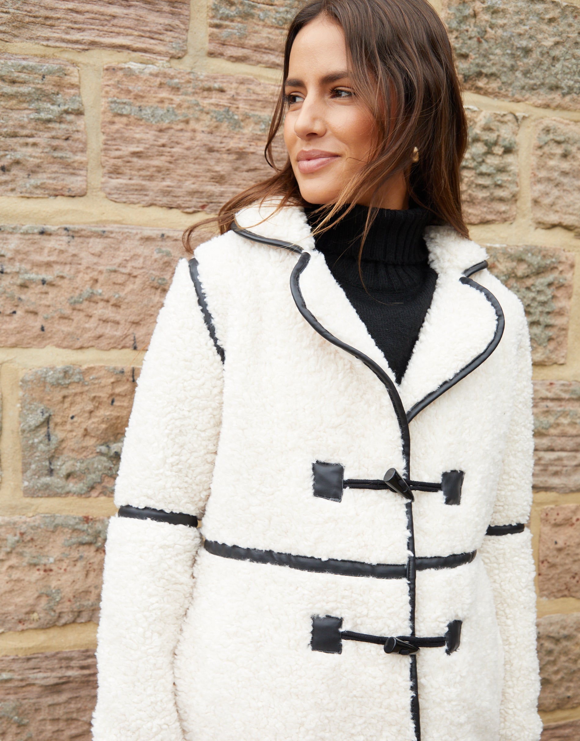 Women&#39;s Ecru Longline Fleece Borg Toggle Coat