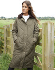 Women's Khaki Diamond Quilted Heritage Longline Barn Jacket with Removable Hood