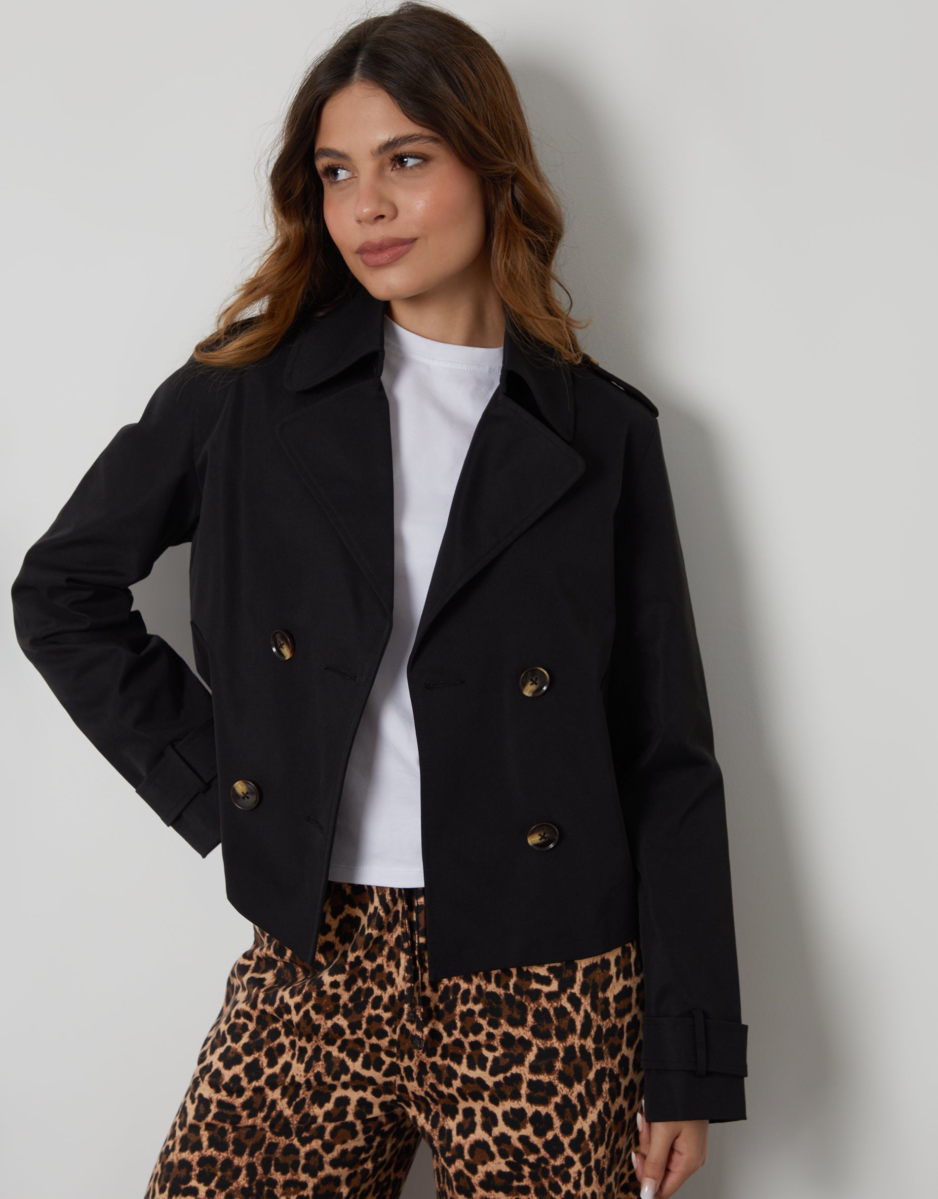 Women&#39;s Black Double Breasted Cropped Trench Coat