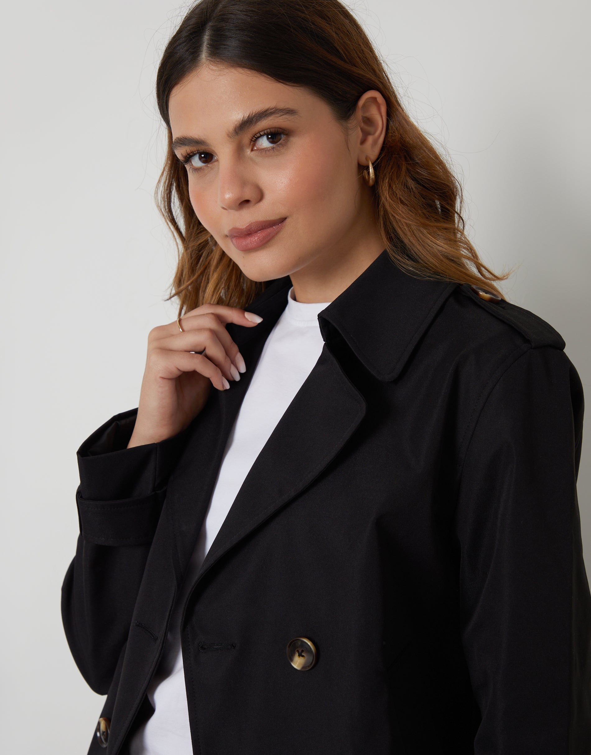 Women&#39;s Black Double Breasted Cropped Trench Coat