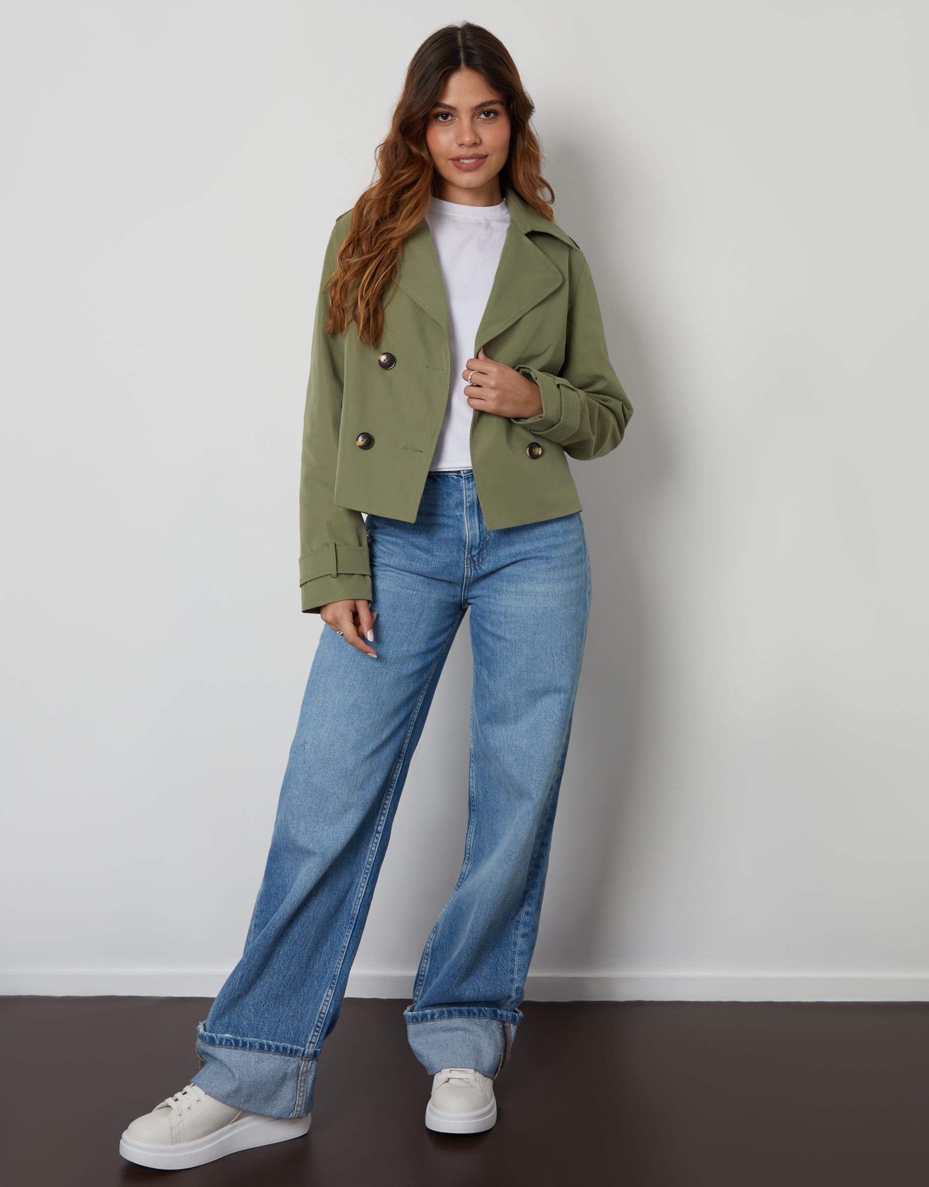 Women&#39;s Khaki Double Breasted Cropped Trench Coat