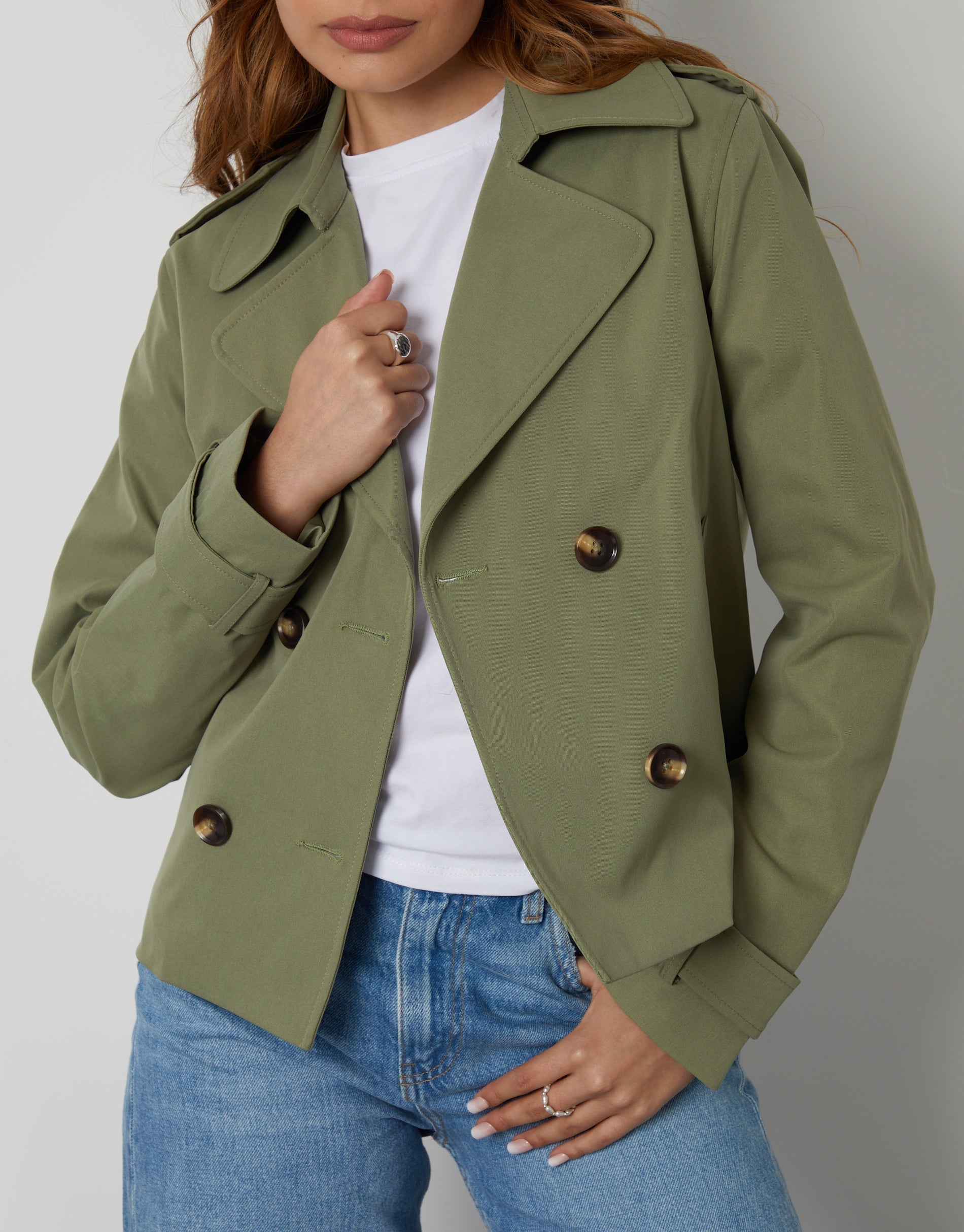 Women&#39;s Khaki Double Breasted Cropped Trench Coat