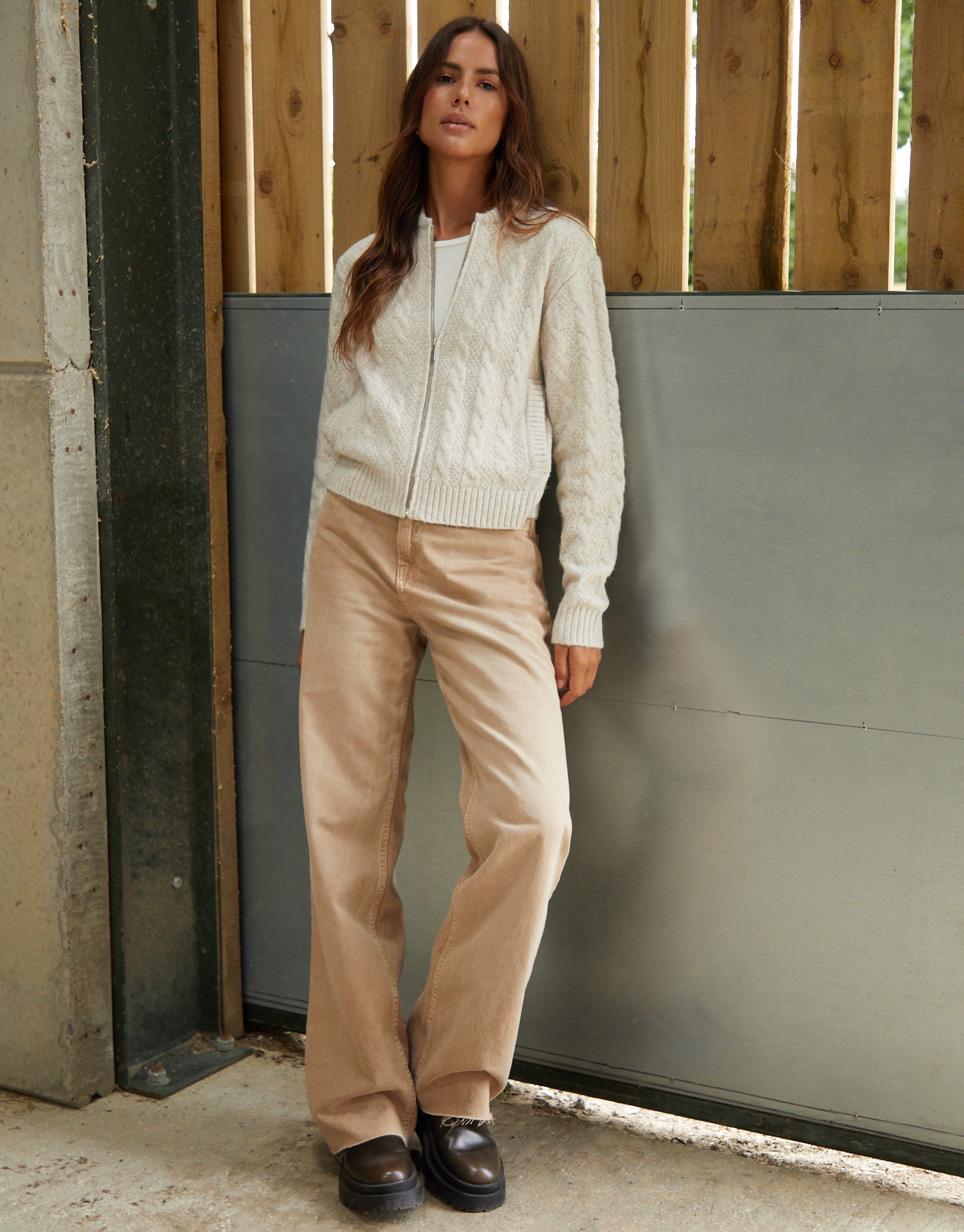 Women&#39;s Beige Cable Knit Zip-Up Bomber Jacket