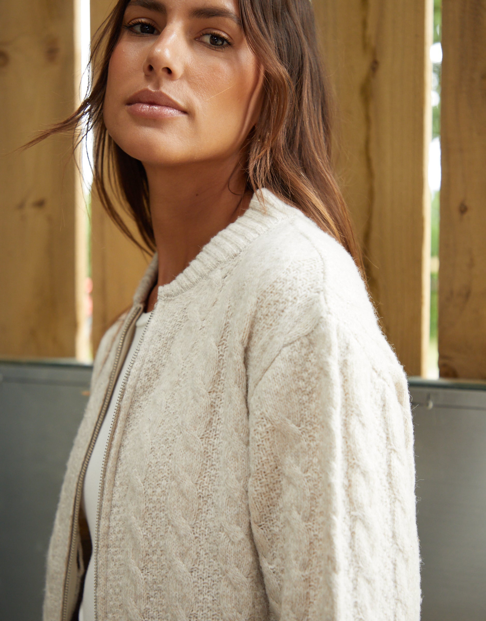 Women&#39;s Beige Cable Knit Zip-Up Bomber Jacket