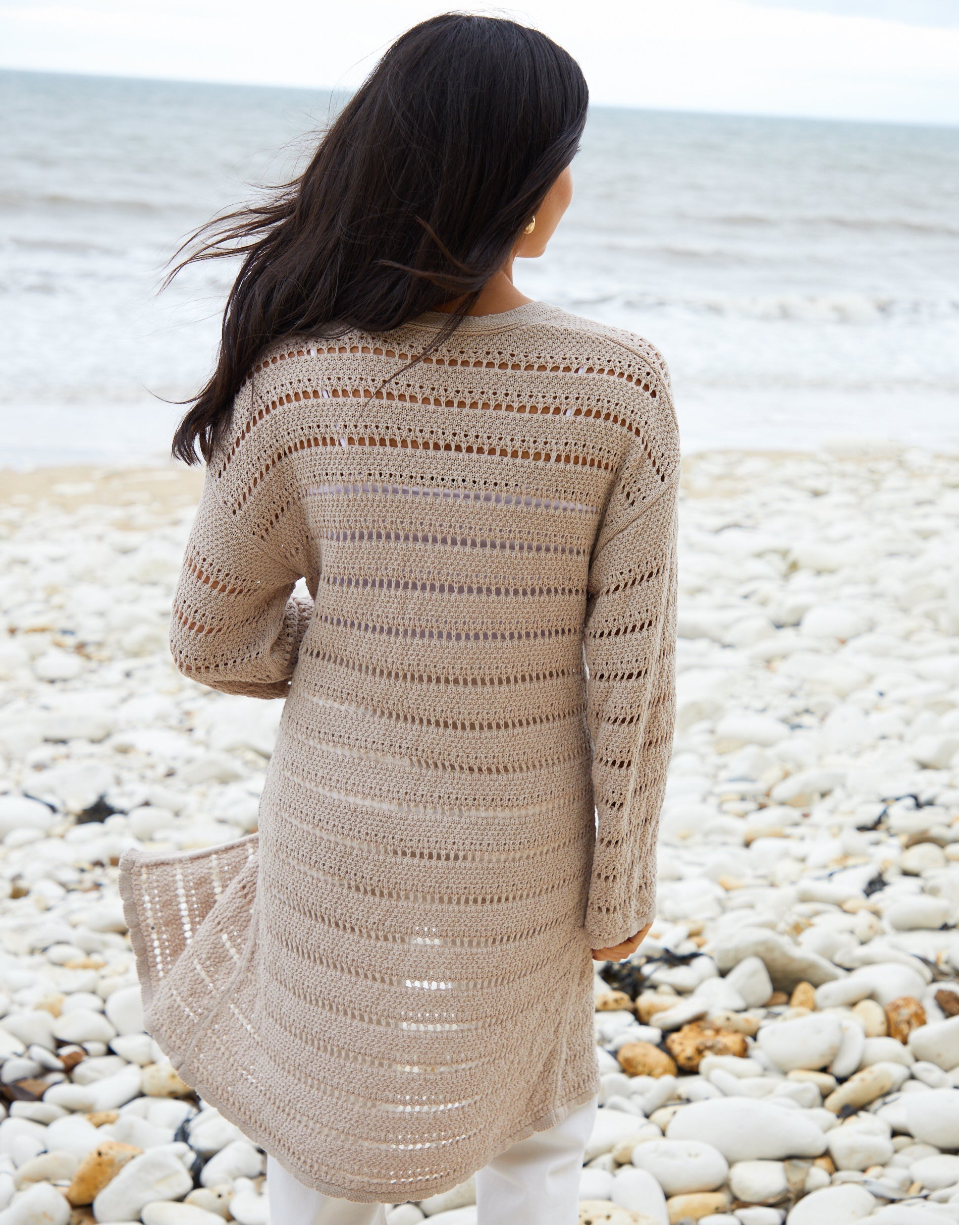 Women&#39;s Stone Longline Crochet Cardigan