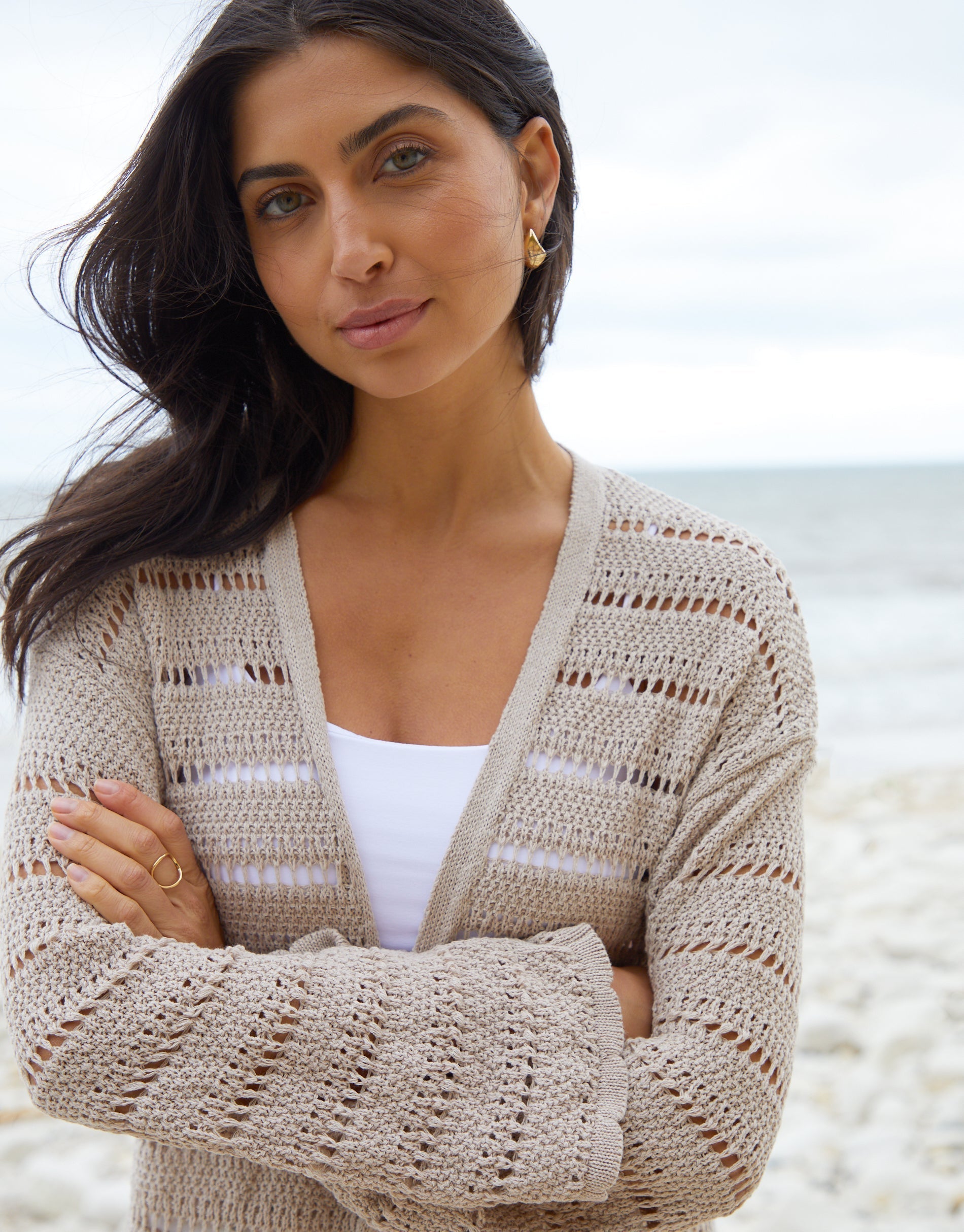 Women&#39;s Stone Longline Crochet Cardigan