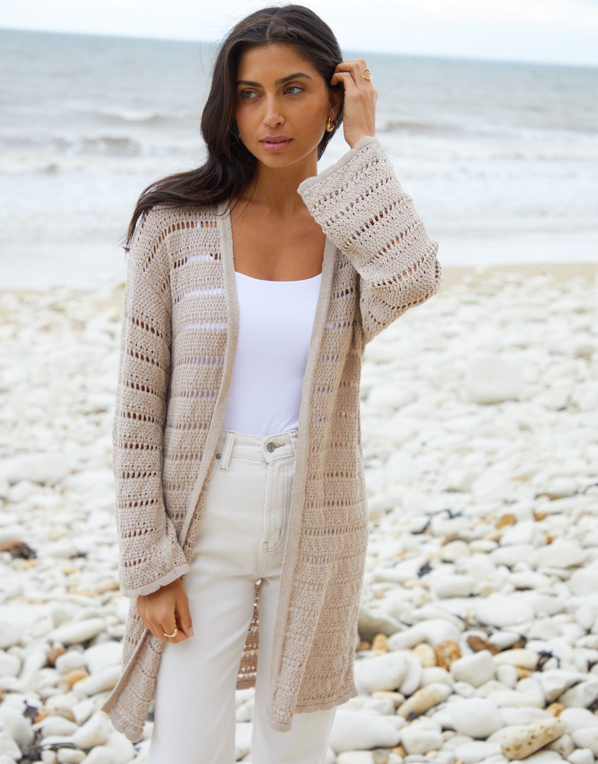 Women&#39;s Stone Longline Crochet Cardigan