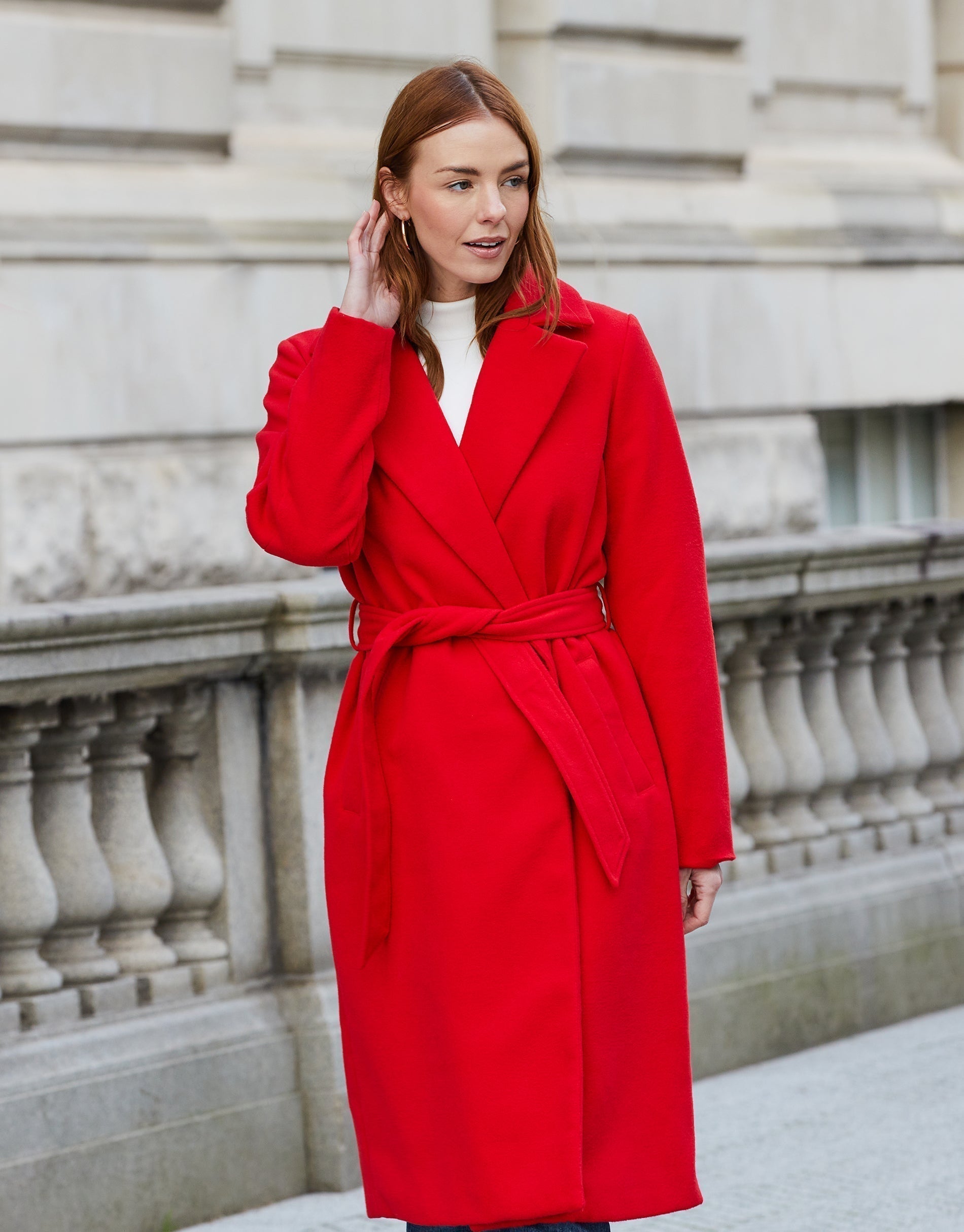 Women&#39;s Red Collared Belted Formal Coat