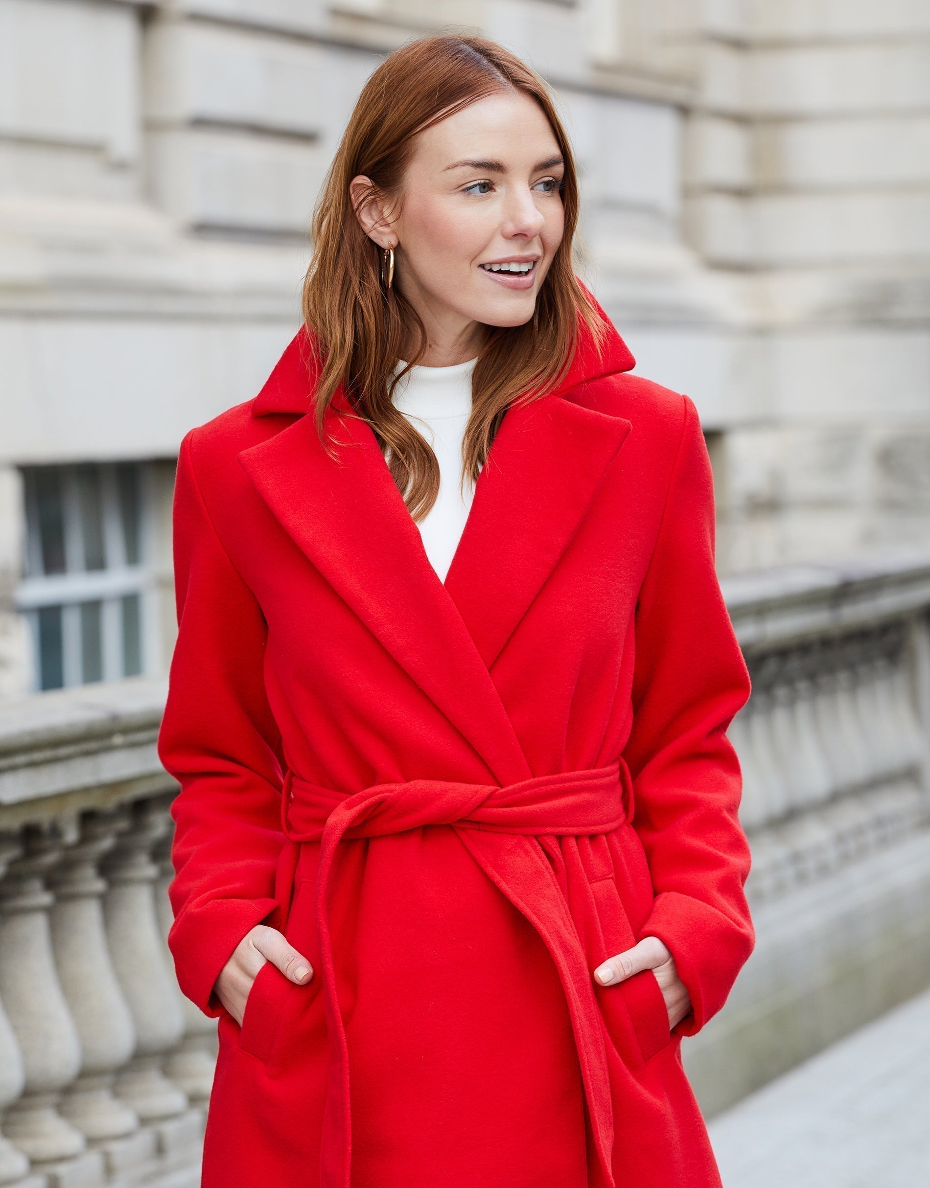 Women&#39;s Red Collared Belted Formal Coat